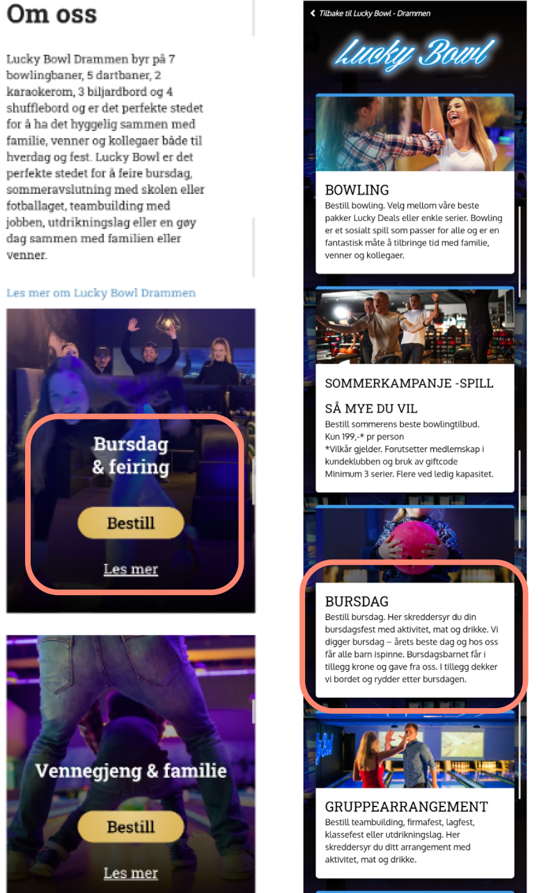 Mobile screens showing pain points from LuckyBowl's current site