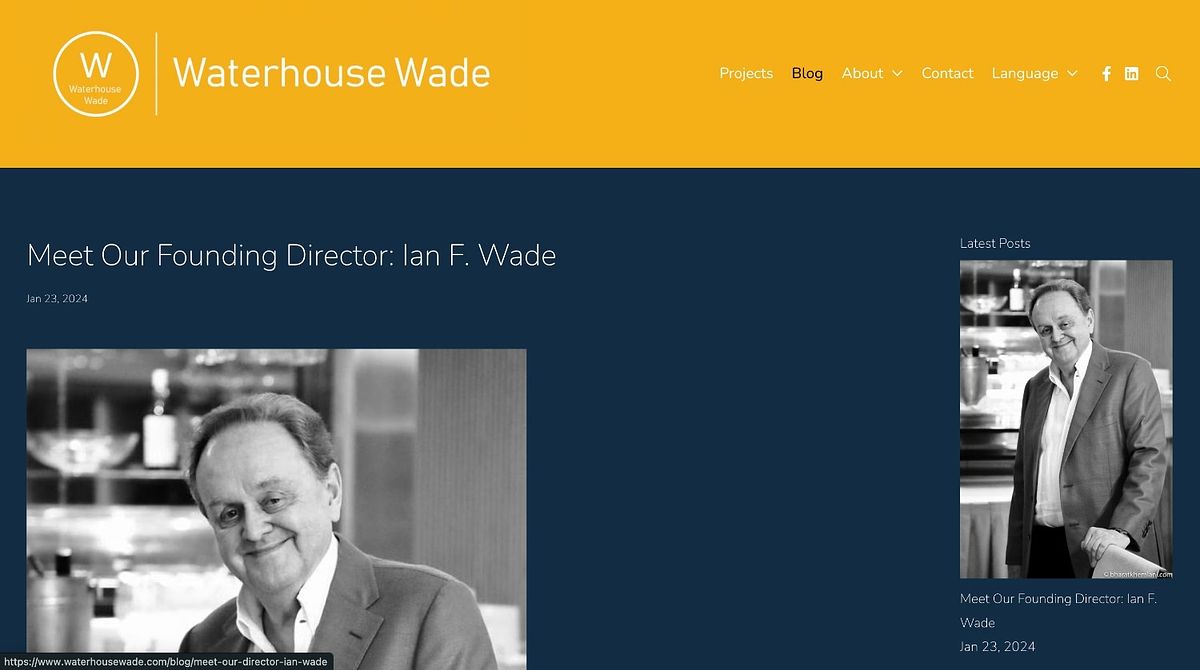 Waterhouse Wade blog design with a bold brand-colour header and a Latest Posts sidebar