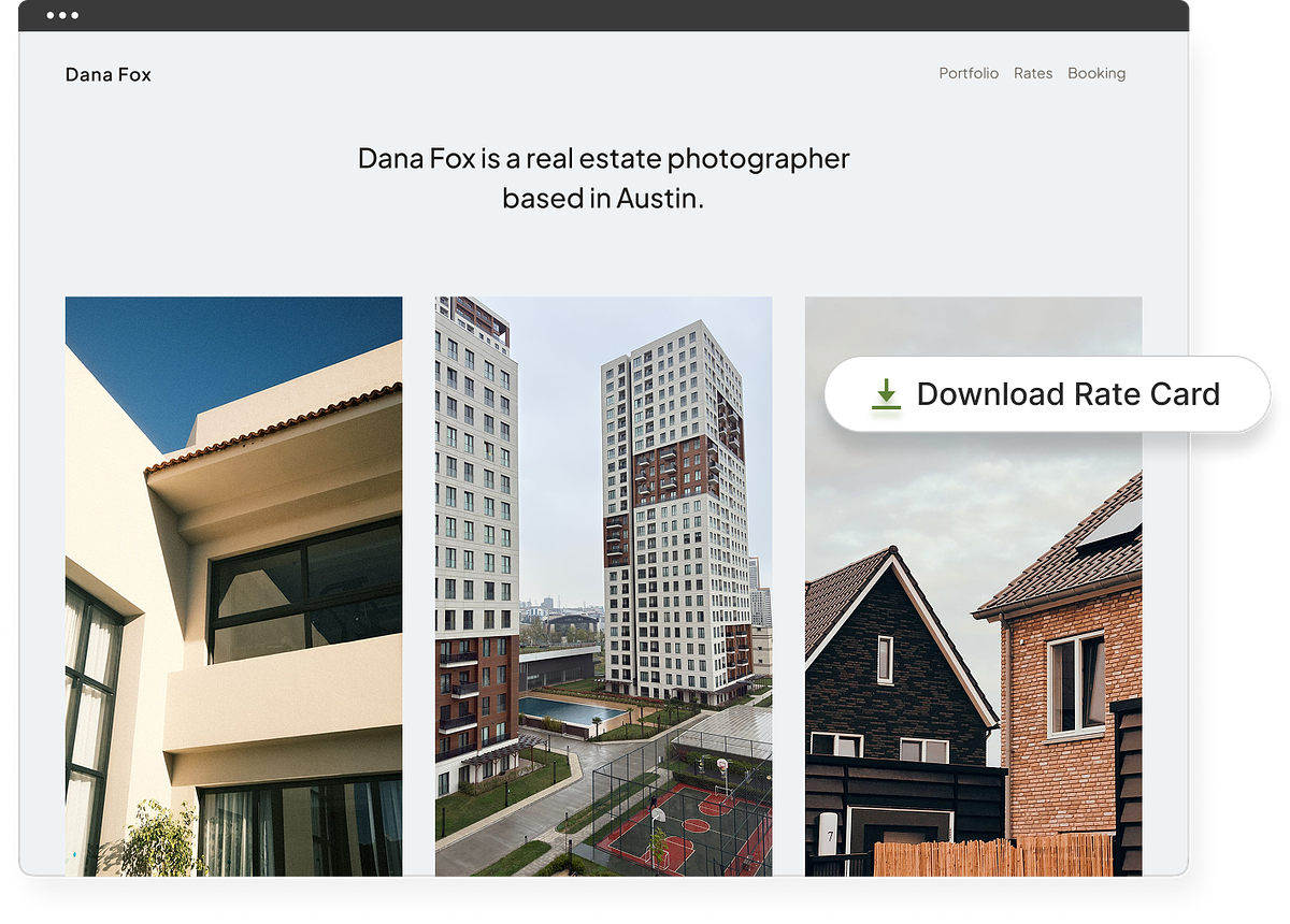 A Pixpa Portfolio met vastgoedfotografie en fotogalerijen van klanten.