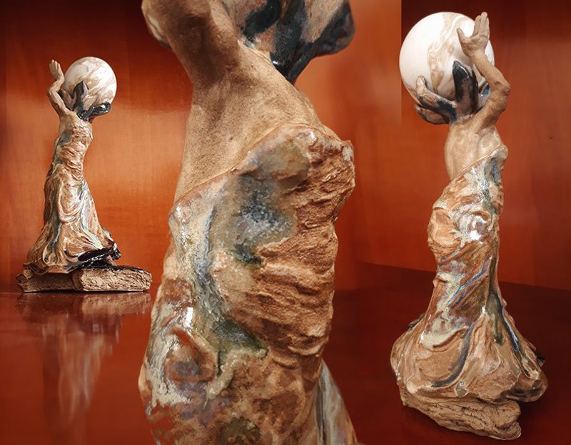 Hand-built ceramic sculpture of Aquarius (artist Nicolas Contr&eacute;ras Moons Project), showcasing a delicately enameled Venus with a porcelain moon replacing the head.