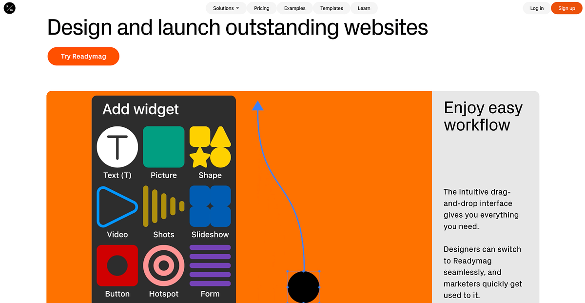 Readymag homepage featuring the editorial design tool for scroll-driven portfolios and case studies