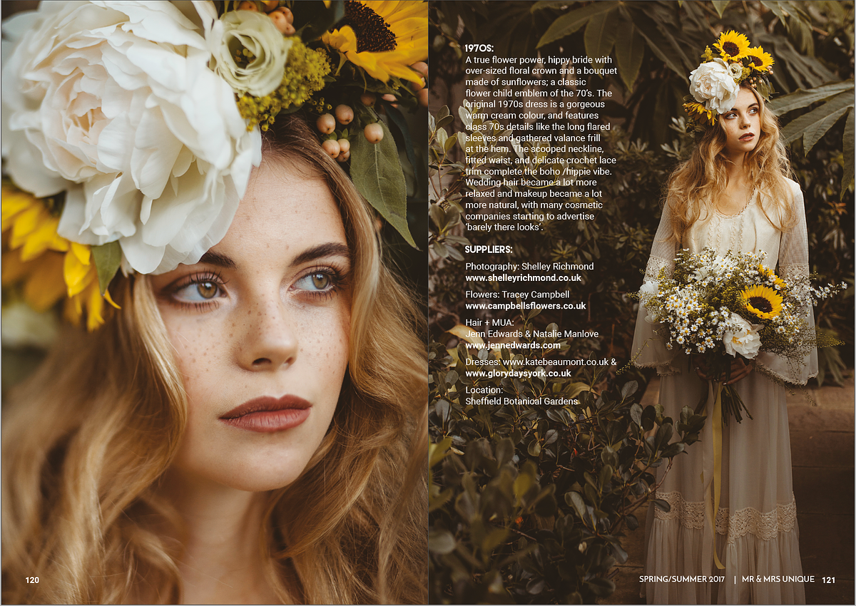 bride with a garland made from large flowers, wearing a vintage lace dress
