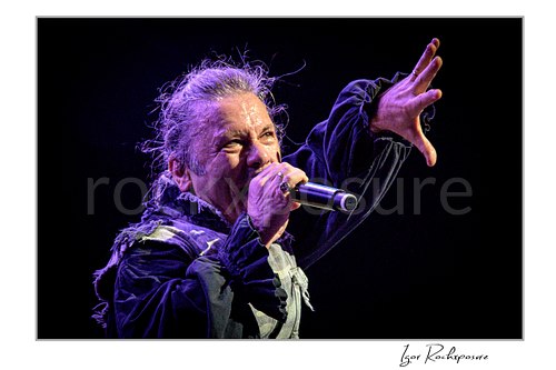 Horizontal color close-up image of Bruce Dickinson of Iron Maiden performing live on stage, singing into a microphone with one hand raised against a dark background.