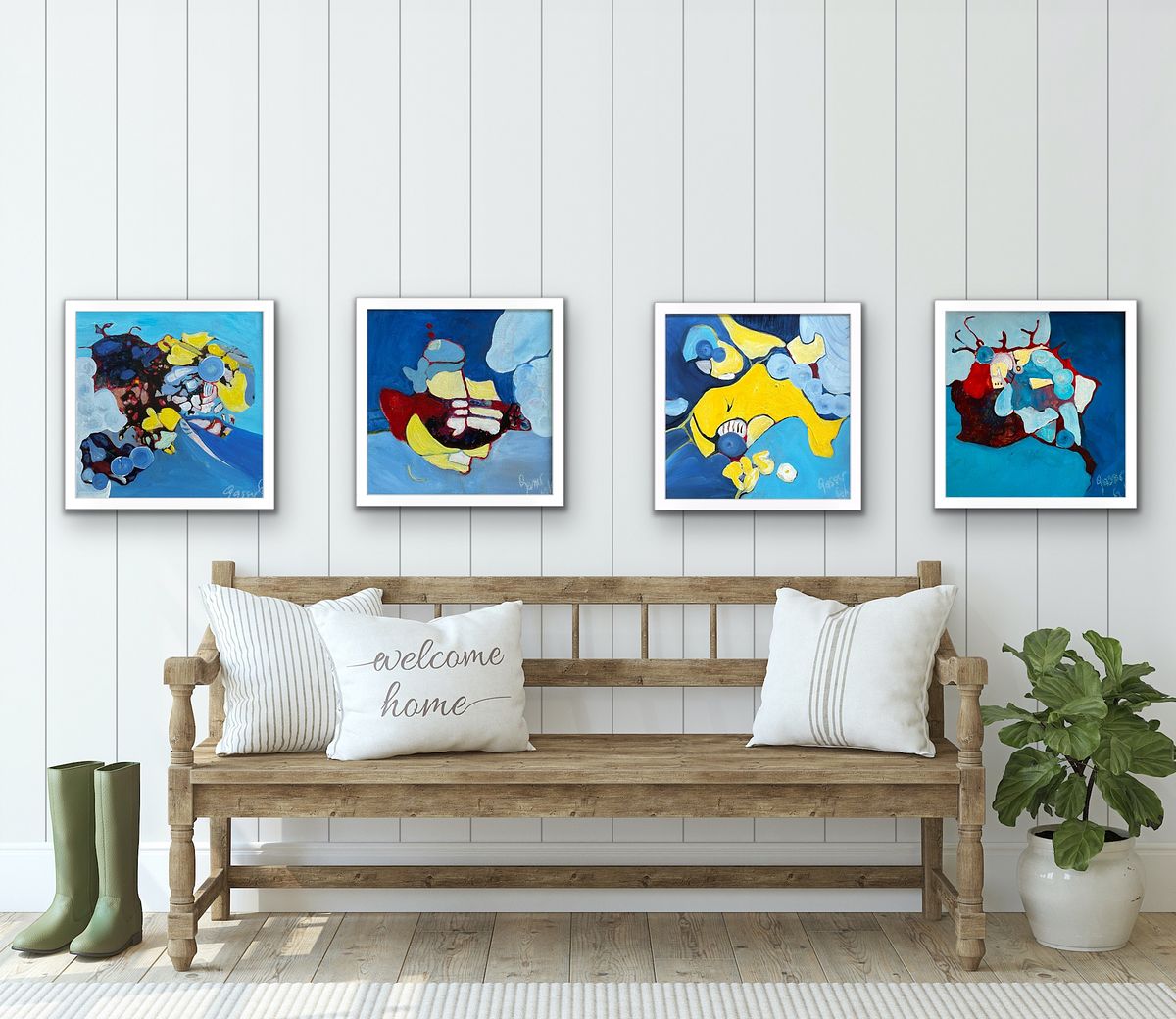 Abstrakte Acrylmalerei Serie "Funny Times", vier Bilder 30x30 cm, Blau Gelb Rot, verspielt energiegeladen, Sylvie Gasser , Abstract acrylic painting series "Funny Times", four paintings 30x30 cm, blue yellow red, playful energetic, Sylvie Gasser