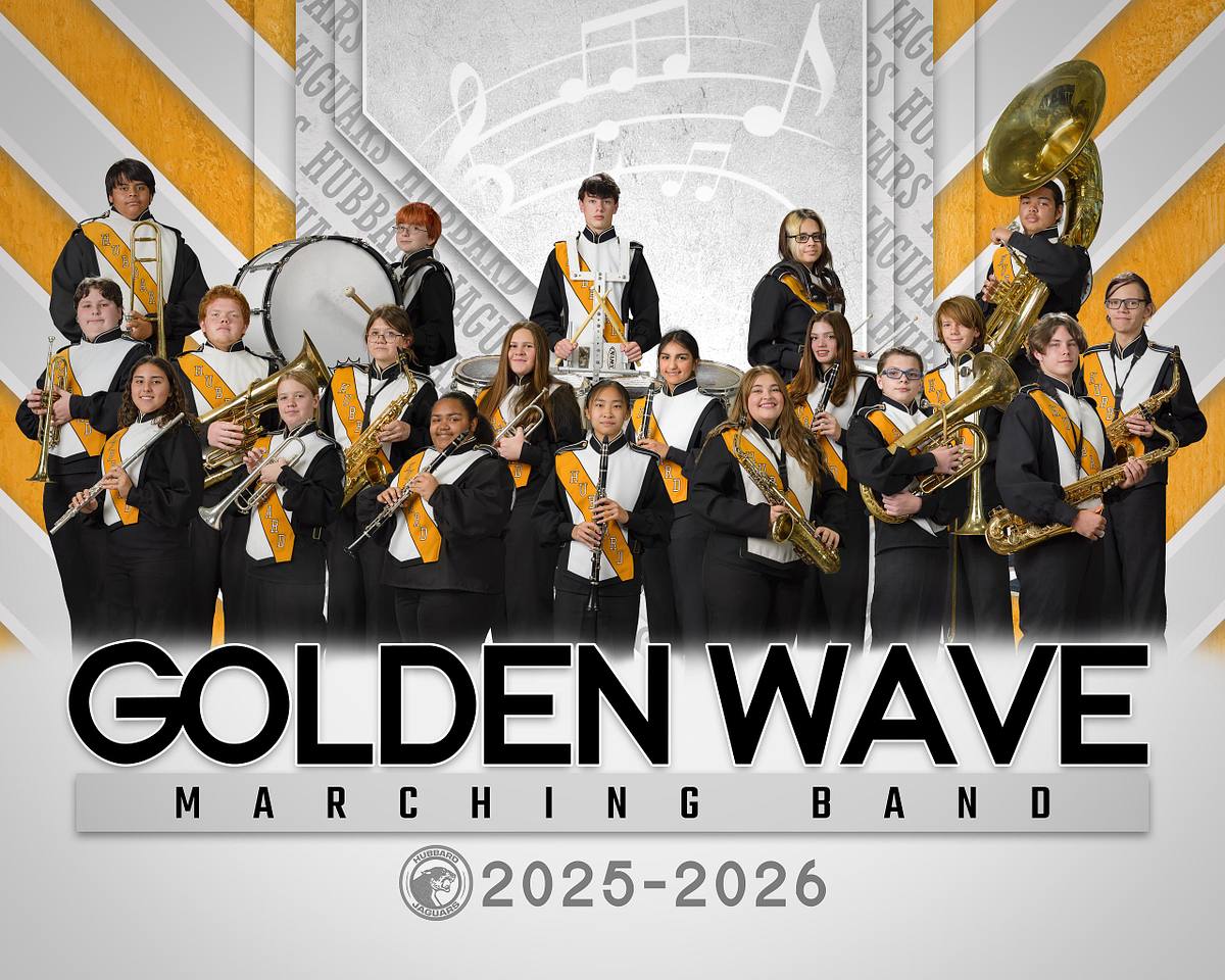A composite group photo by ProClicks Photography of the Hubbard ISD Golden Wave Marching Band for 2025-2026, featuring over 20 diverse student musicians in black, white, and gold uniforms holding various instruments like tuba, saxophones, clarinets, flutes, trumpets, and drums. Text overlays read 'GOLDEN WAVE MARCHING BAND' and 'HUBBARD JAGUARS'.