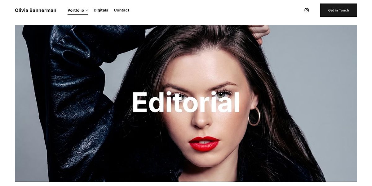 Olivia Bannerman's modeling portfolio, single editorial hero with a Digitals tab