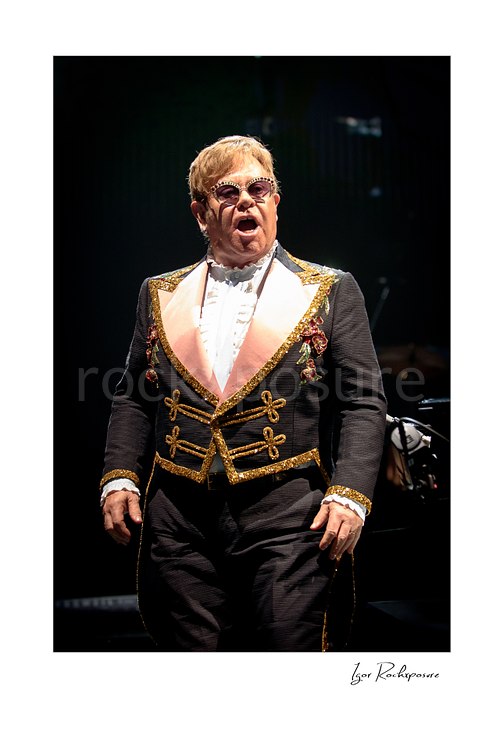 Vertical color image of Elton John standing on stage in an embellished performance suit and tinted glasses