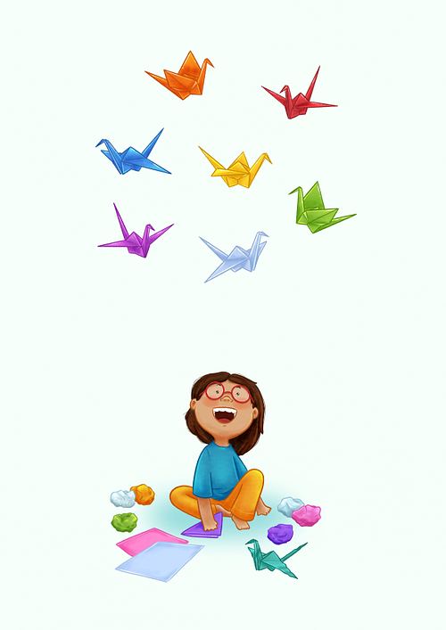 a girl sitting on the floor looking amazed at the flying origami cranes as she folds papers