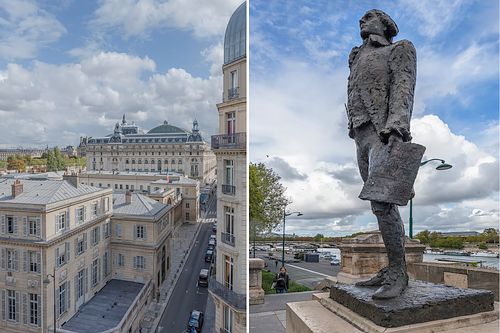 Diptyque photographique associant une vue sur les toits parisiens à une statue en bronze. Photographie par Nicolas Karadimos.