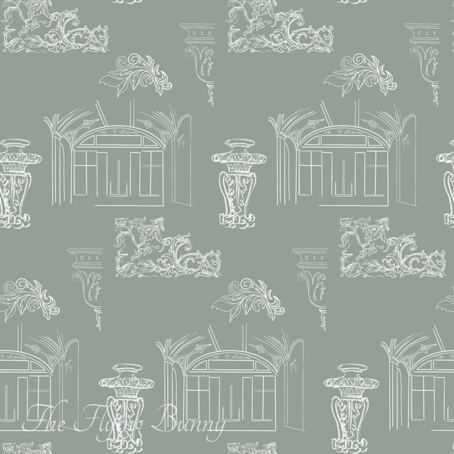 White line drawings of neoclassical arches, columns, pedestals, and ornamental flourishes arranged in a repeating pattern on a soft mint green background.