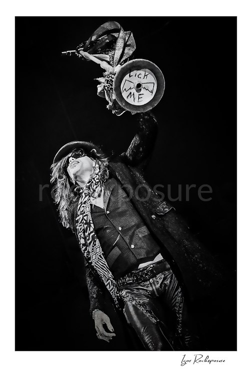 Steven Tyler raises his microphone stand high above the stage, with the base displaying the handwritten phrase “LICK ME,” adding a provocative edge to the performance moment.