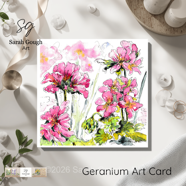 Pink Geranium | Botanical Art Card | Watercolour Original Illustration | Square | with Envelope