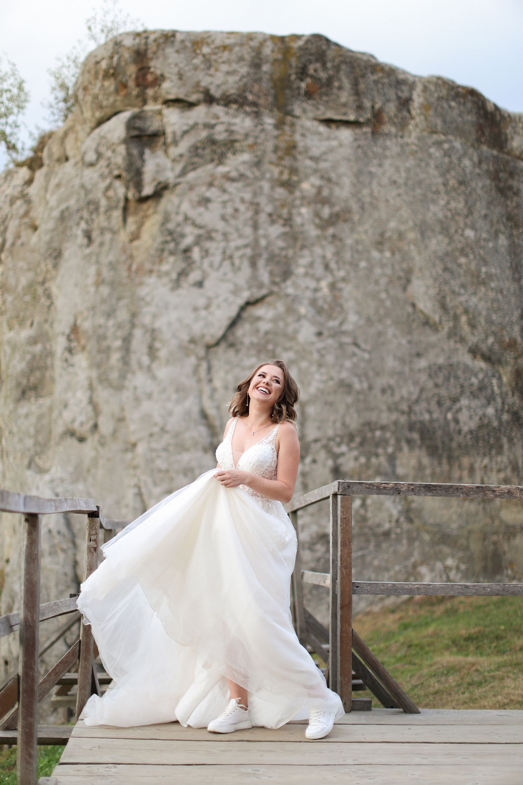 Bride in a wedding dress at Tustan Fortress