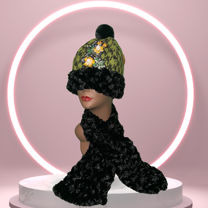 Green Hound's-tooth Hat & Scarf Set