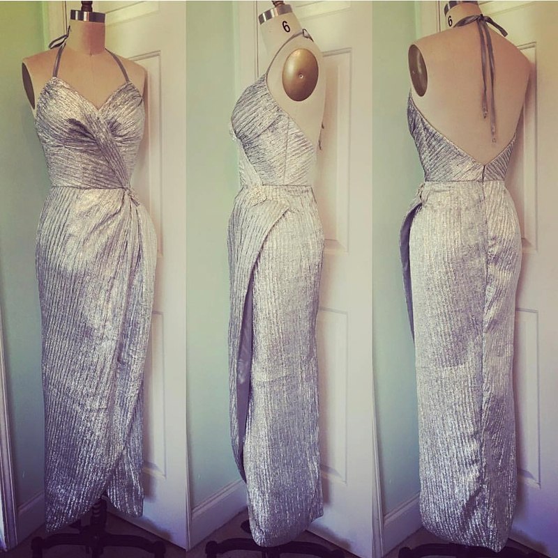 marilyn satin halter dress Marilyns Long Silver halter wedding dress