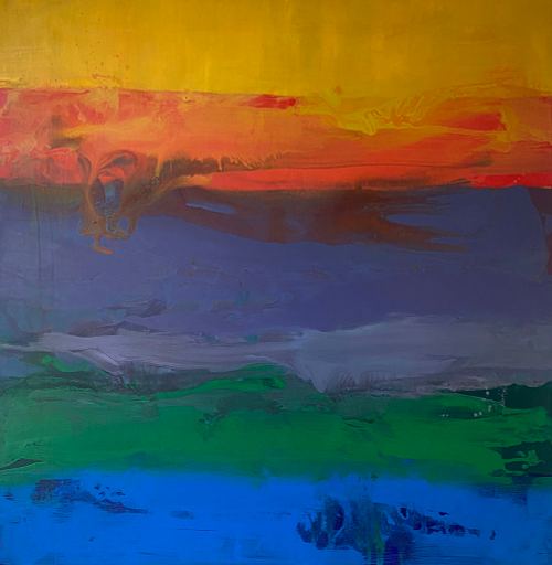 S&eacute;dimentations I, peinture abstraite carr&eacute;e, color&eacute;e, inspir&eacute;e de Frank Bowling et Sean Scully, bandes de 5 couleurs acrylique, acrylique et ammoniaque sur toile