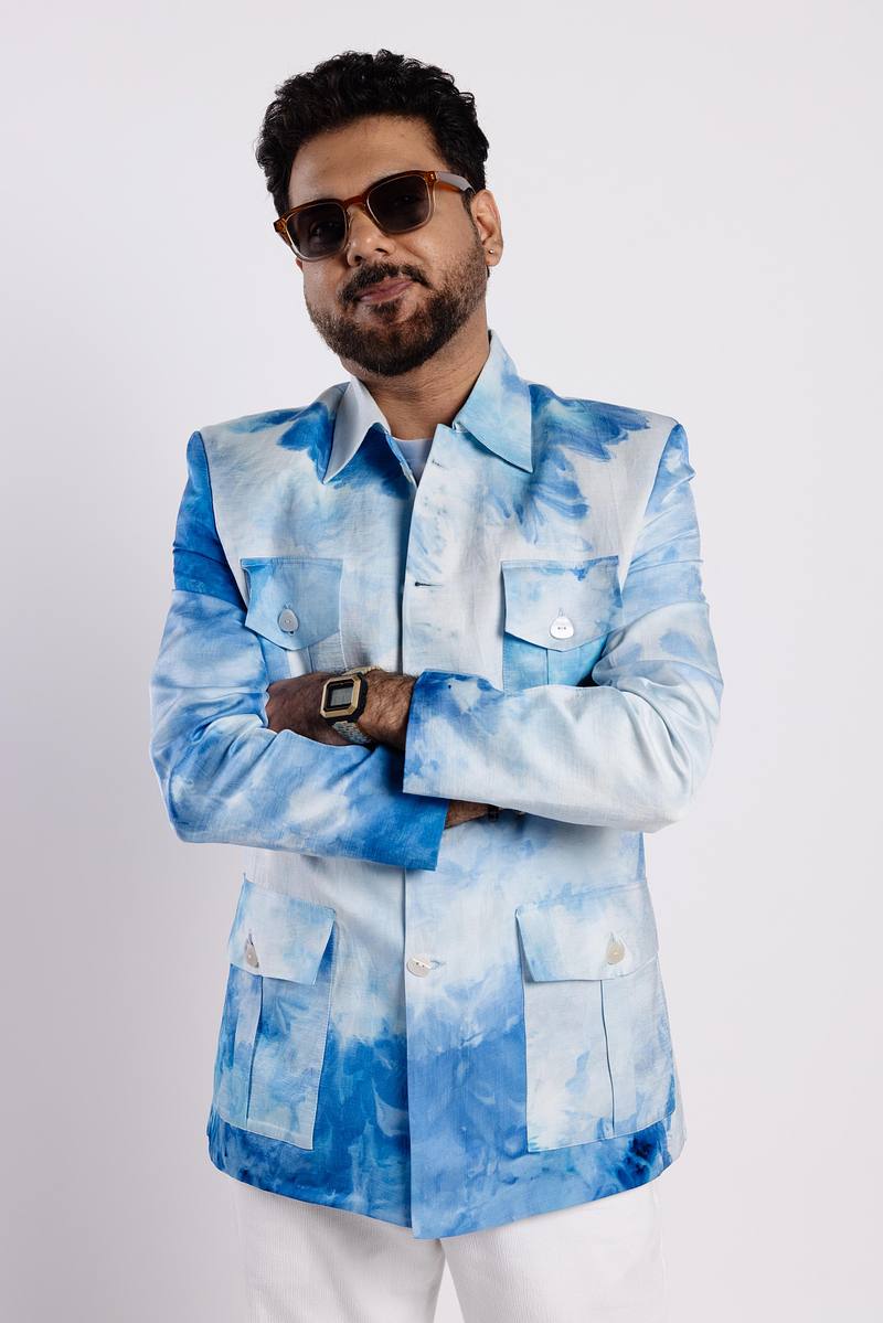 Linen Satin Safari Blazer - Summer Sky
