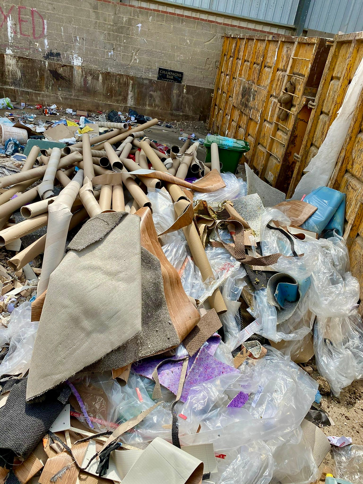 paper tubes and flooring waste back of bar. Pub refit clearance. Peterborough.
