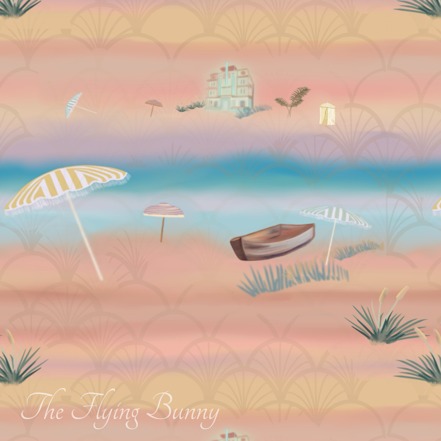 Faded Art Deco coastal resort scene in soft blush, sand, aqua, and turquoise tones with beach umbrellas, shoreline details, and vintage geometric influences.
