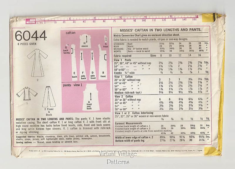 Womens Caftan Sewing Pattern, Simplicity 6044 | Virtual Vintage