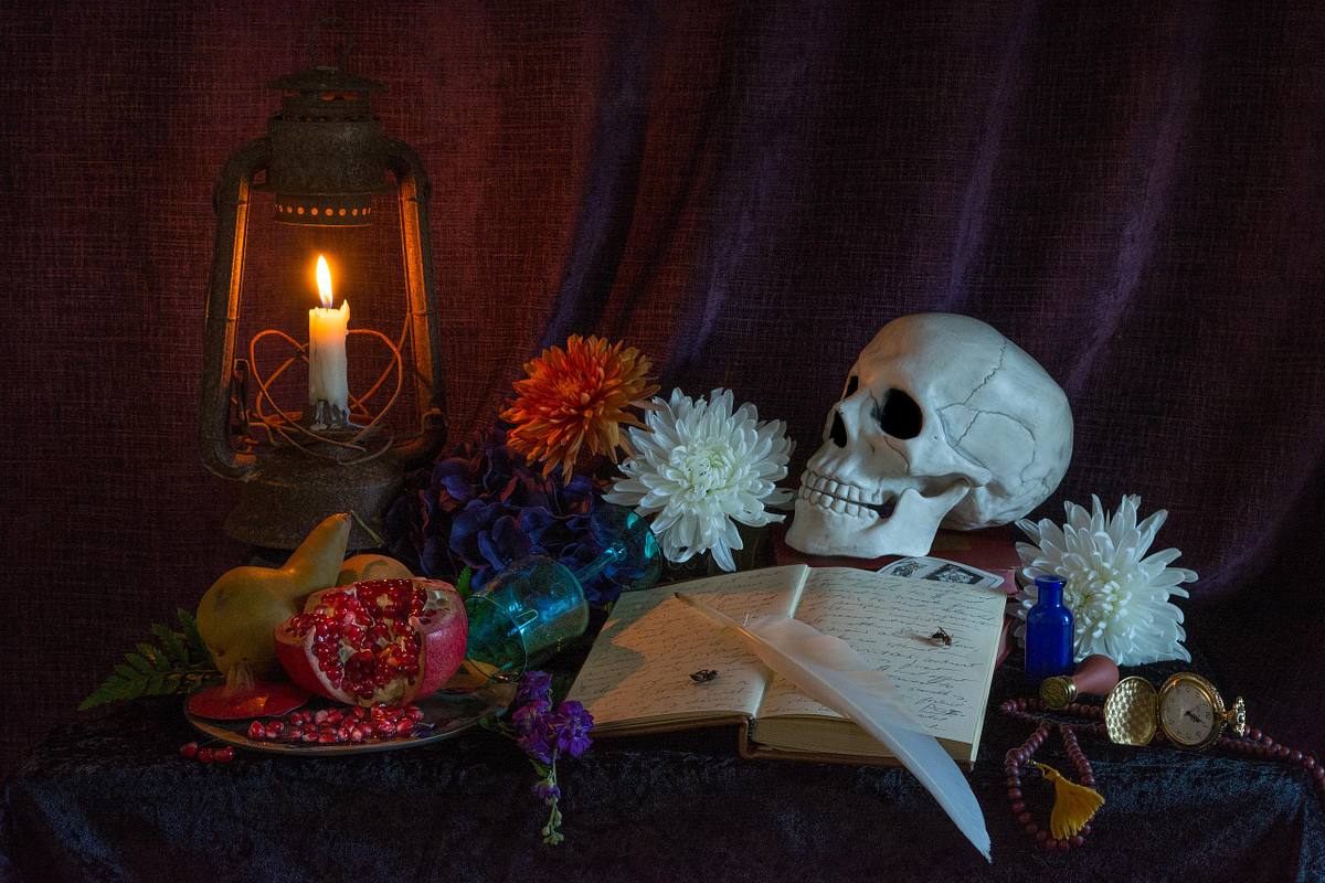 Vanitas IV - Still Life with Chrysanthemum, Pocketwatch & Fruit