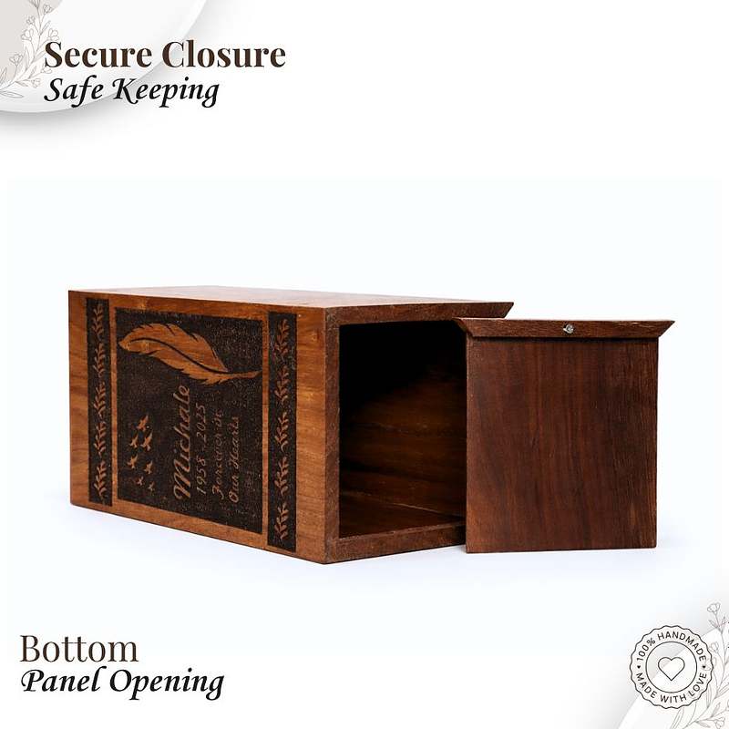 Engraved Feather Wooden Urn Box
