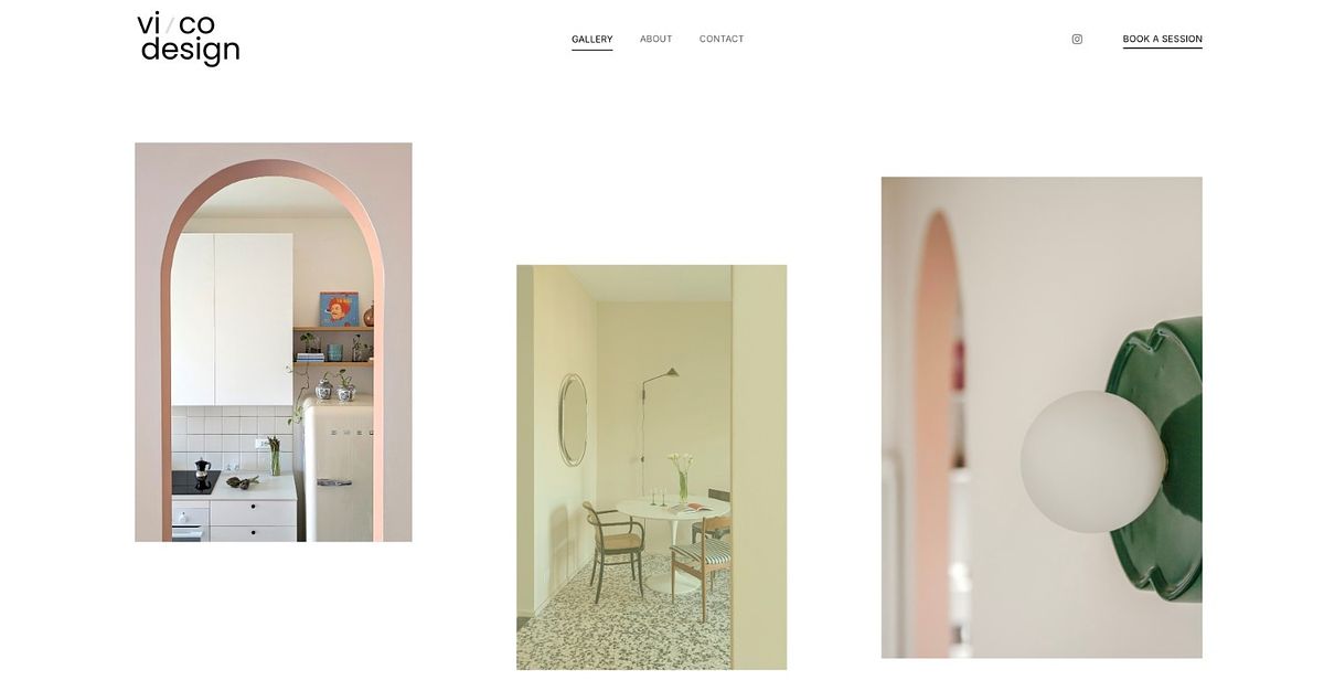 Vico Design interior portfolio, airy white layout with warm-toned interior photography, Italy