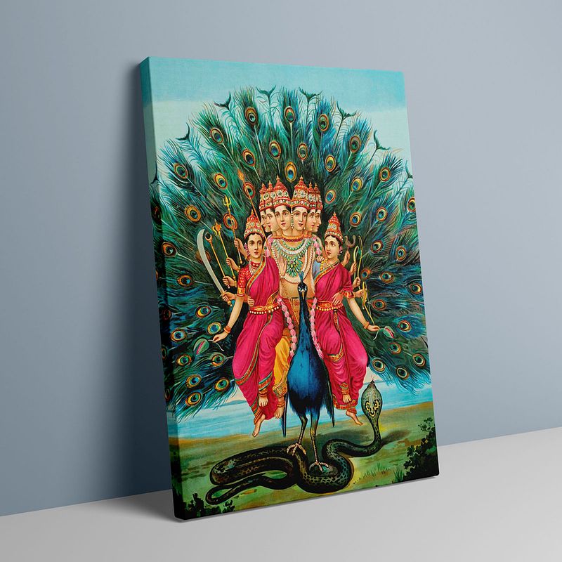 Lord Murugan – Shanmukha Subramanya Swami on Peacock with Valli & Devasena by Raja Ravi Verma