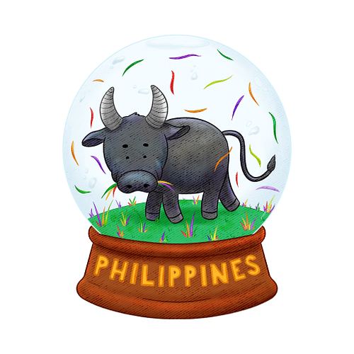 A Philippine Tamaraw inside a snow globe, but instead of snow, it's grass leaves.
