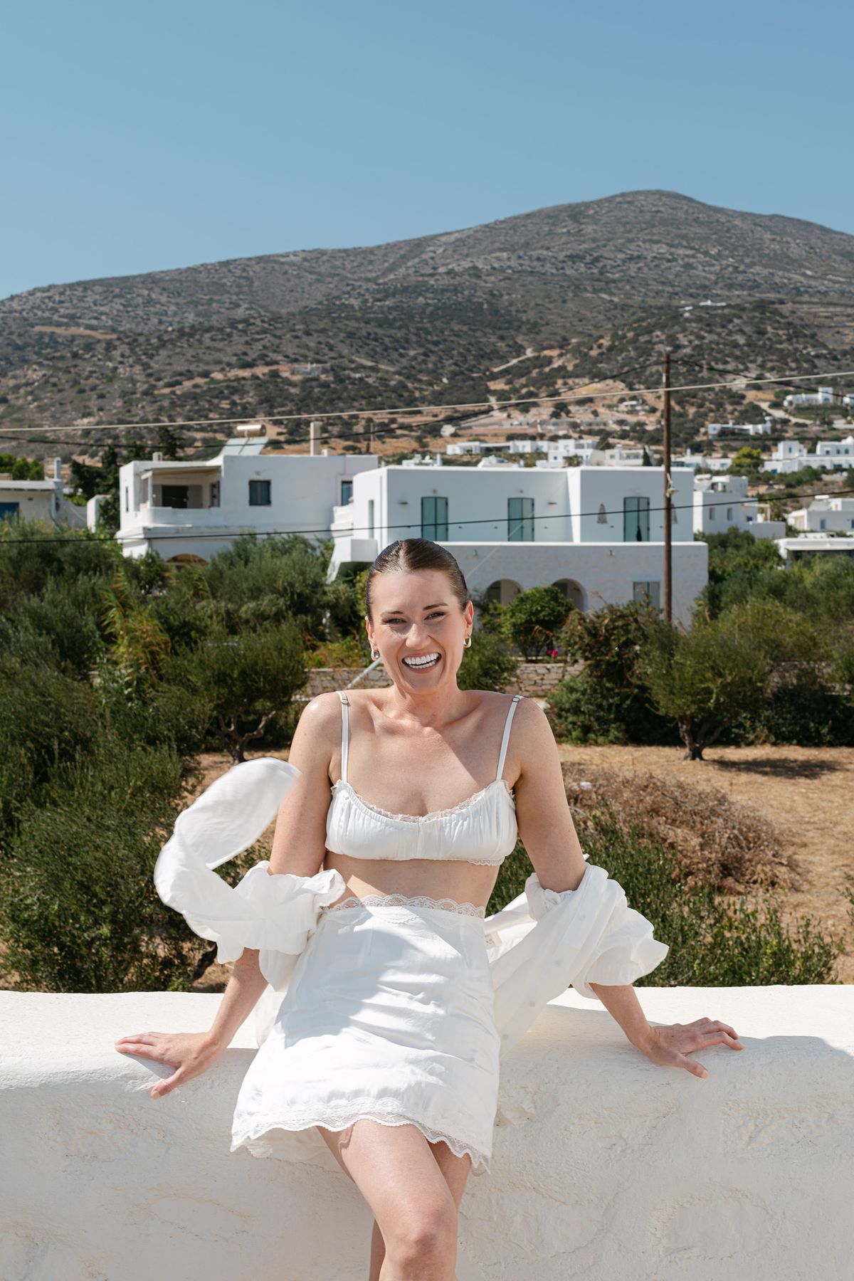 elegant bride portrait in Folegandros Cyclades Greece &ndash; destination wedding photographer fine art style