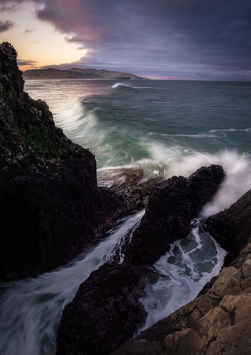 Seascapes, ocean, waves, shores, sand, rocks, surf, clouds, sky, travel, nature, landscape, seaside, beach, long exposure, Dunedin, Otago, South Island, New Zealand, second beach, sunset, sunrise, Saint Clair,
