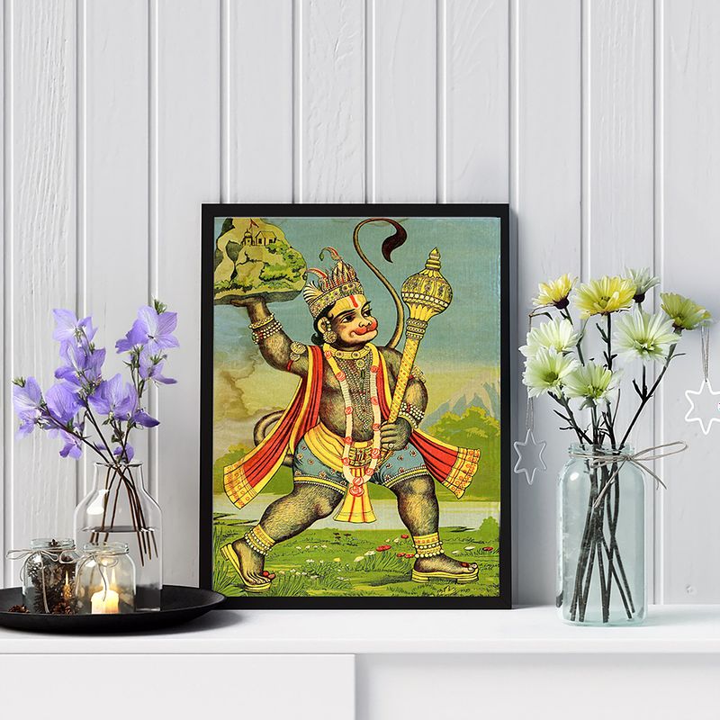 Divine Strength: Lord Hanuman Carrying the Mountain-Raja Ravi Verma