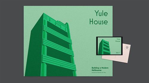 Layout presenting a retro-inspired poster and matching postcard featuring a minimalist vector illustration of the Yule House fa&ccedil;ade in green tones on a light green background.