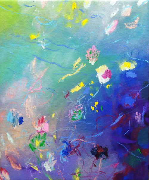 peinture abstraite, toile abstraite contemporaine, moyen format, 38x46 cm, vert, rose, violet, art abstrait contemporain, expressionnisme abstrait, abstraction lyrique, acrylique, oil sticks, techniques mixtes sur toile, collection R&ecirc;ves de Douceur, tableau original, tableau vendu