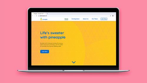 Mockup of the home page of the basic prototype web layout, featuring the brand tagline &lsquo;Life&rsquo;s sweeter with pineapple&rsquo; on a yellow pineapple-textured banner image.
