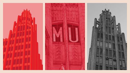 Layout presenting minimalist vector illustration alongside black-and-white and single-colour toned photography for the Manchester Unity Building.