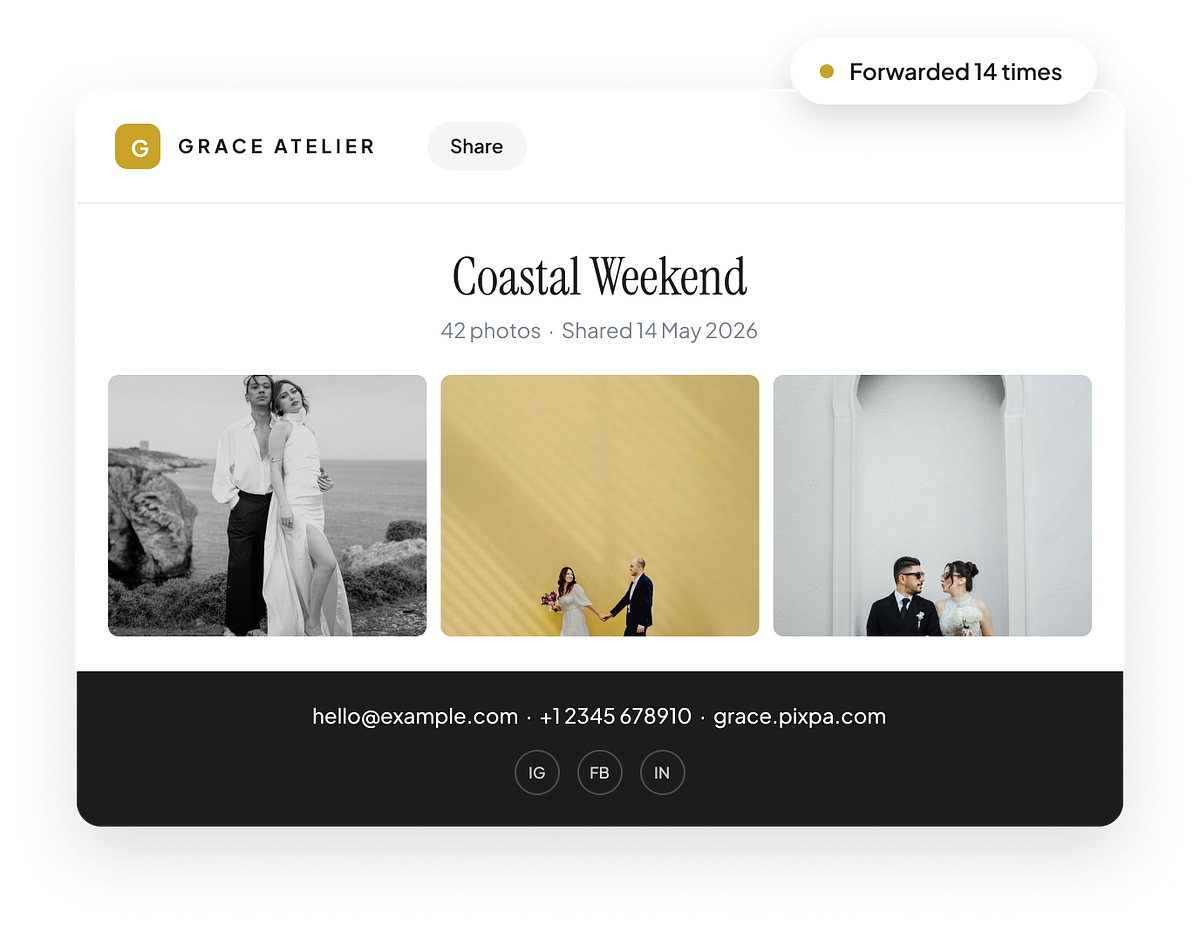 A Gallery Link carrying the photographer's logo, colors, contact details and social links