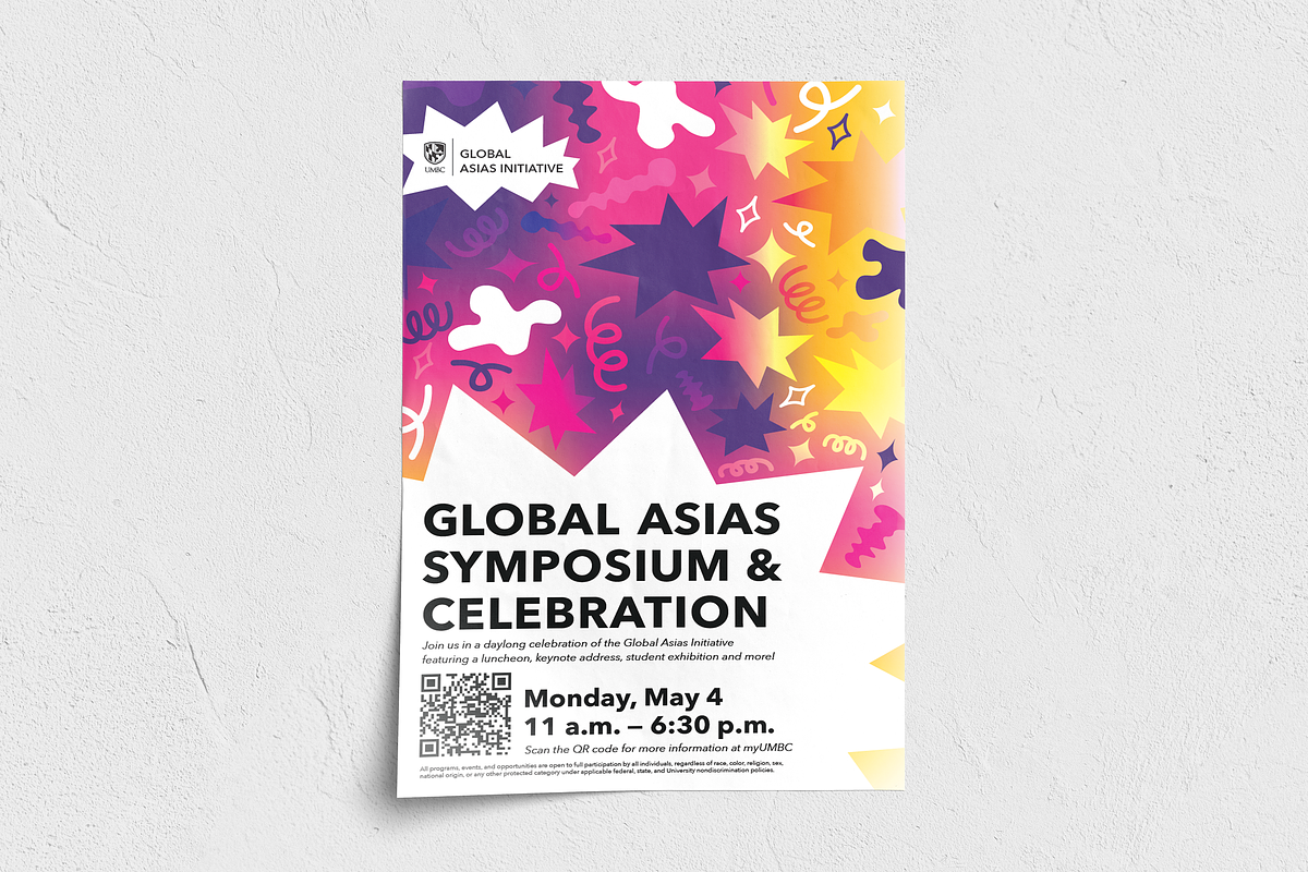 Poster promoting Global Asias on white background with bottom left corner unsticked