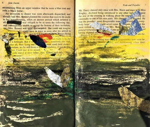 Untitled, 2016, Acrylic, pastel, and collage on Jane Austen's Pride and Prejudice, 7"x8"