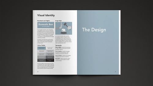 Double-page spread of the proposal publication showing campaign visual identity specifications, including brandmark and tagline, colour palette, image style, and typography on the left page and the design chapter title page on the right.
