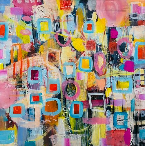 Abstraktes Mixed-Media-Gemälde mit leuchtenden Rechtecken und grafischen Gesten in Türkis, Gelb, Magenta und Rot, pulsierendes Stadtleben, Acryl auf Leinwand, 100×100 cm,  Abstract mixed media painting with vibrant rounded rectangles and gestural marks in turquoise, yellow, magenta and red, pulsating urban energy, acrylic on canvas, 100×100 cm