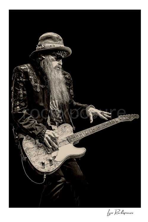 Vertical black and white image of Billy Gibbons of ZZ Top performing live on stage with a Telecaster guitar, wearing a wide-brim hat, dark glasses, and his signature long beard against a dark background