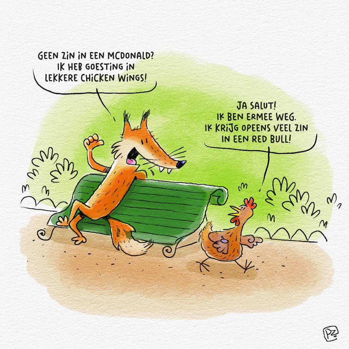 cartoon met een vos die voorstelt aan de kip om 'Chicken Wings' te gaan eten bij de McDonald