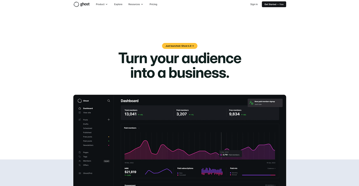 Ghost homepage showing its writing-first publishing and membership platform