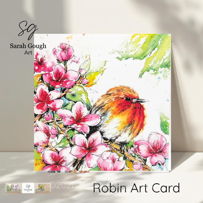 Robin and Spring Blossom | Spring Art Card | Watercolour | with Envelope