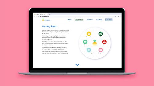 Mockup of the coming soon page of the basic prototype web layout, featuring an infographic with icons representing the features of the Pineapple digital wallet.