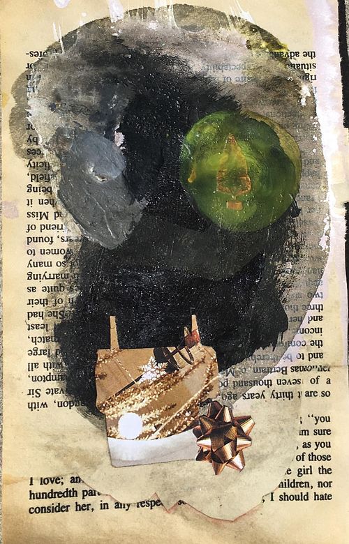 Ephemera 4 of 12, 2017, Acrylic, watercolor, collage, oil pastel, ink, and colored pencil on paper, 7"x4"