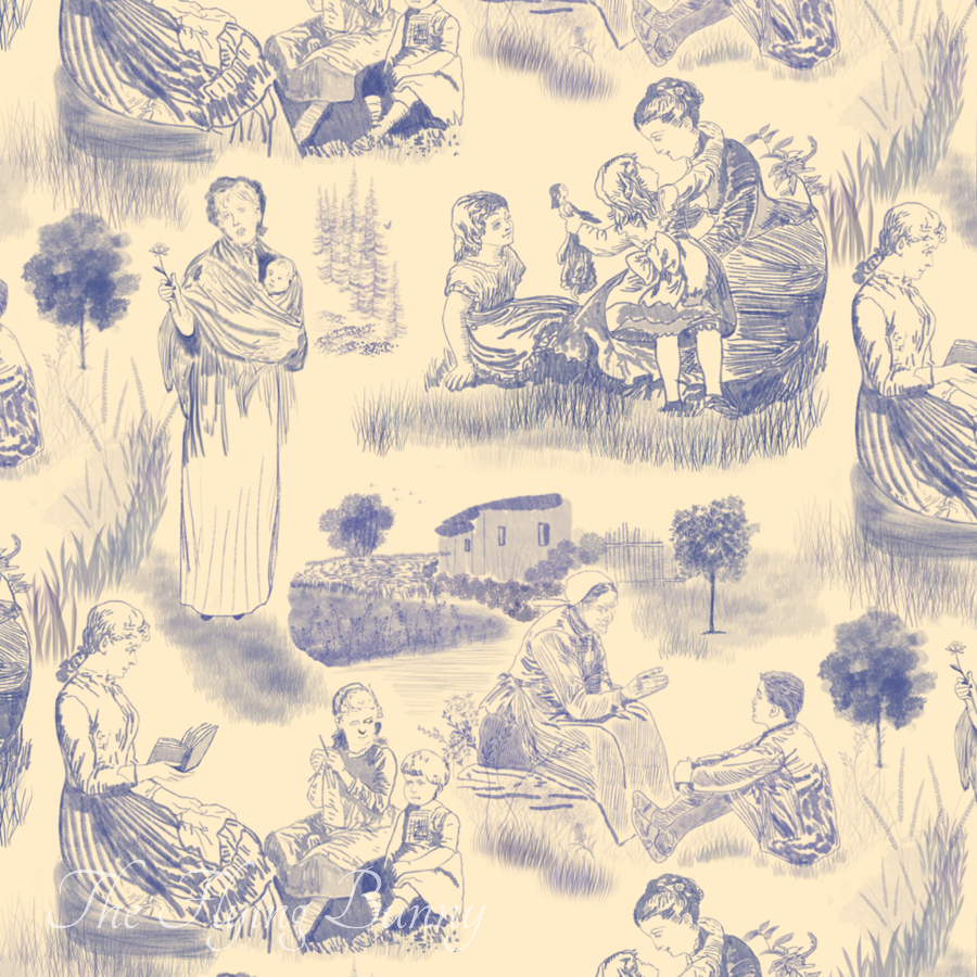 Periwinkle and cream toile de Jouy pattern with hand-drawn scenes of mothers and children reading, learning, playing, and sharing everyday family moments among trees, grasses, and simple rural landscapes.