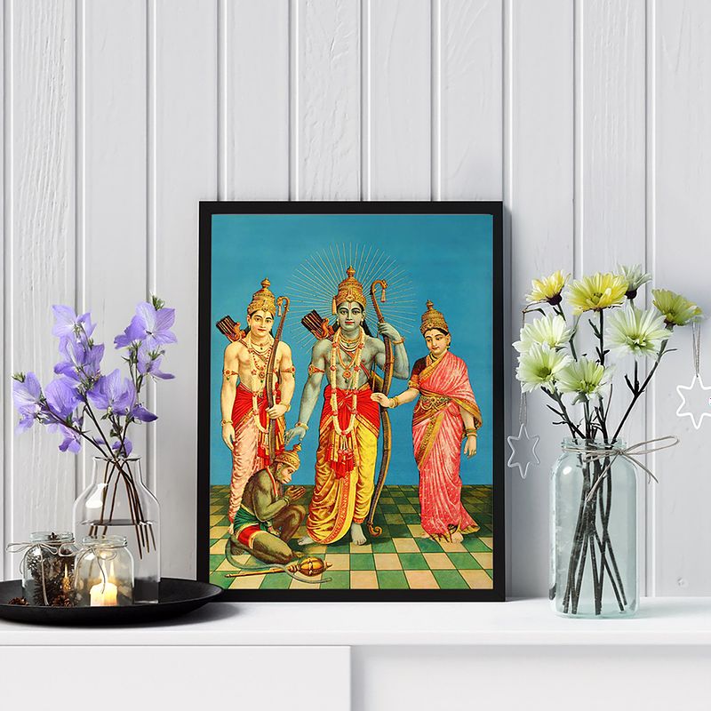 Divine Assembly: Rama, Sita, Lakshmana, and Hanuman by Raja Ravi Verma