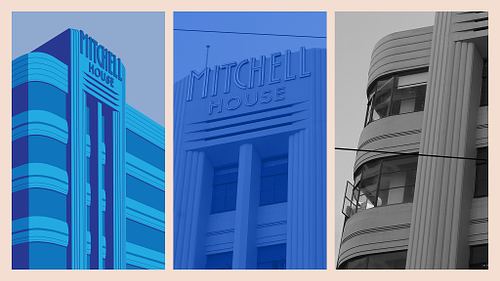 Layout presenting minimalist vector illustration alongside black-and-white and single-colour toned photography for Mitchell House.